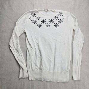 Merona Womens Cream White Beaded Floral Neckline Cotton Blend Sweater Small